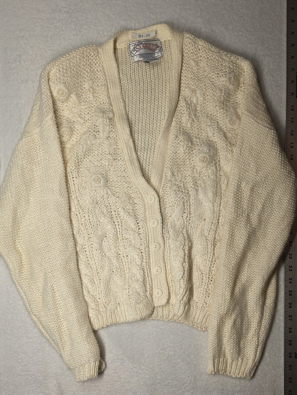 Hand-Knit Cable Button-Front Cardigan Sweater - Cream